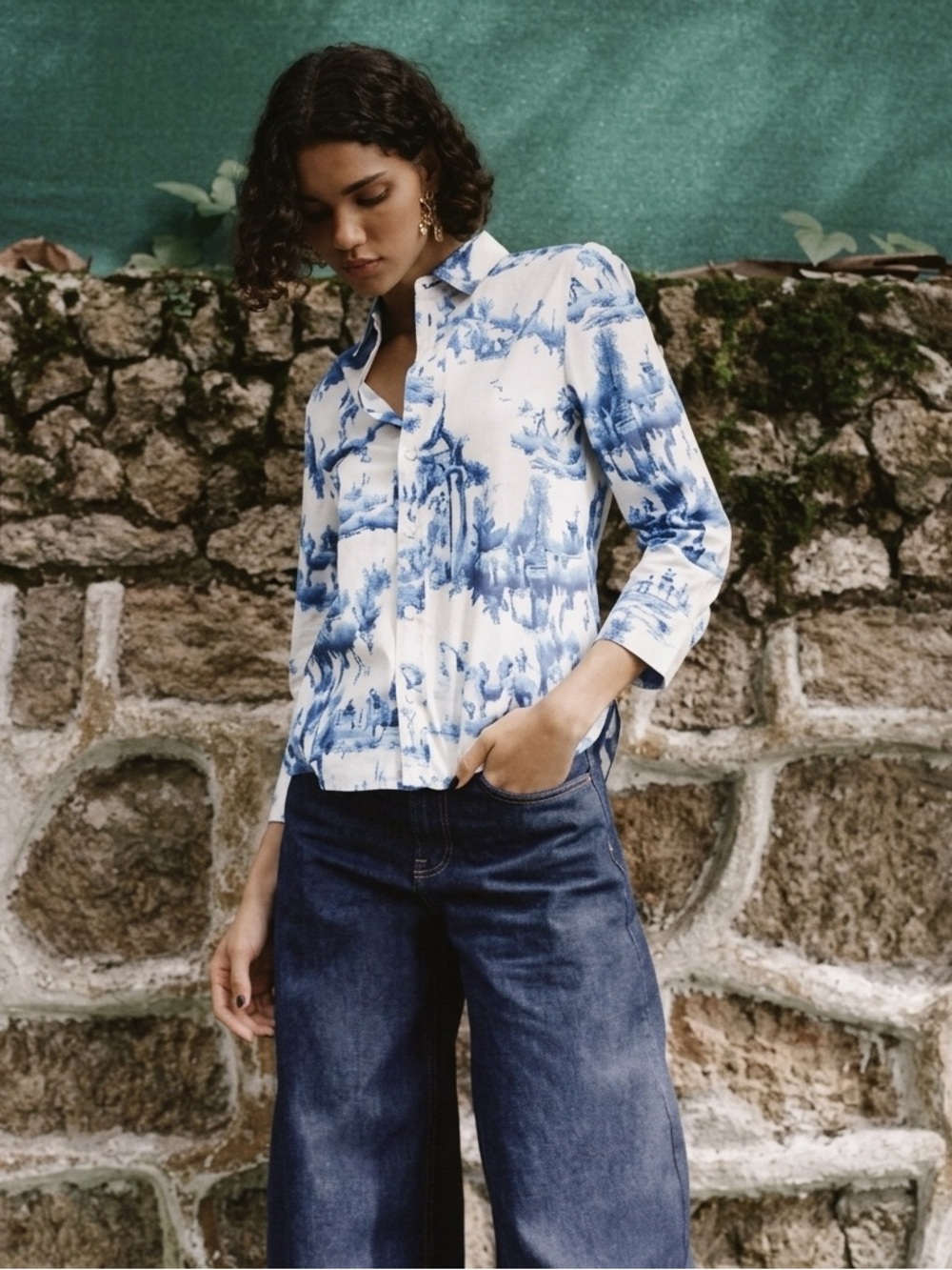 Zara Printed Poplin Button Up Shirt